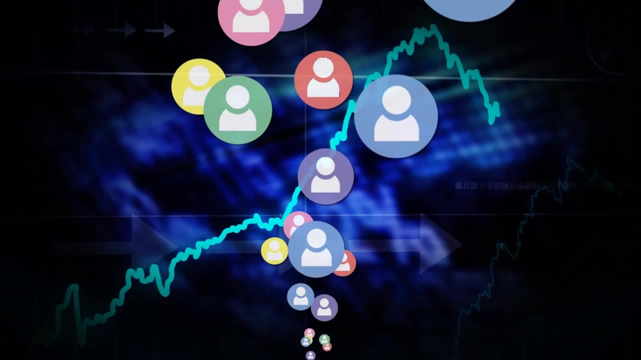 Animazione di più icone di profilo che fluttuano sopra l'elaborazione dei dati del mercato azionario e una mappa del mondo.