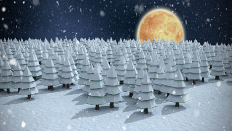 Animation-of-snow-falling-over-winter-night-landscape-with-fir-trees