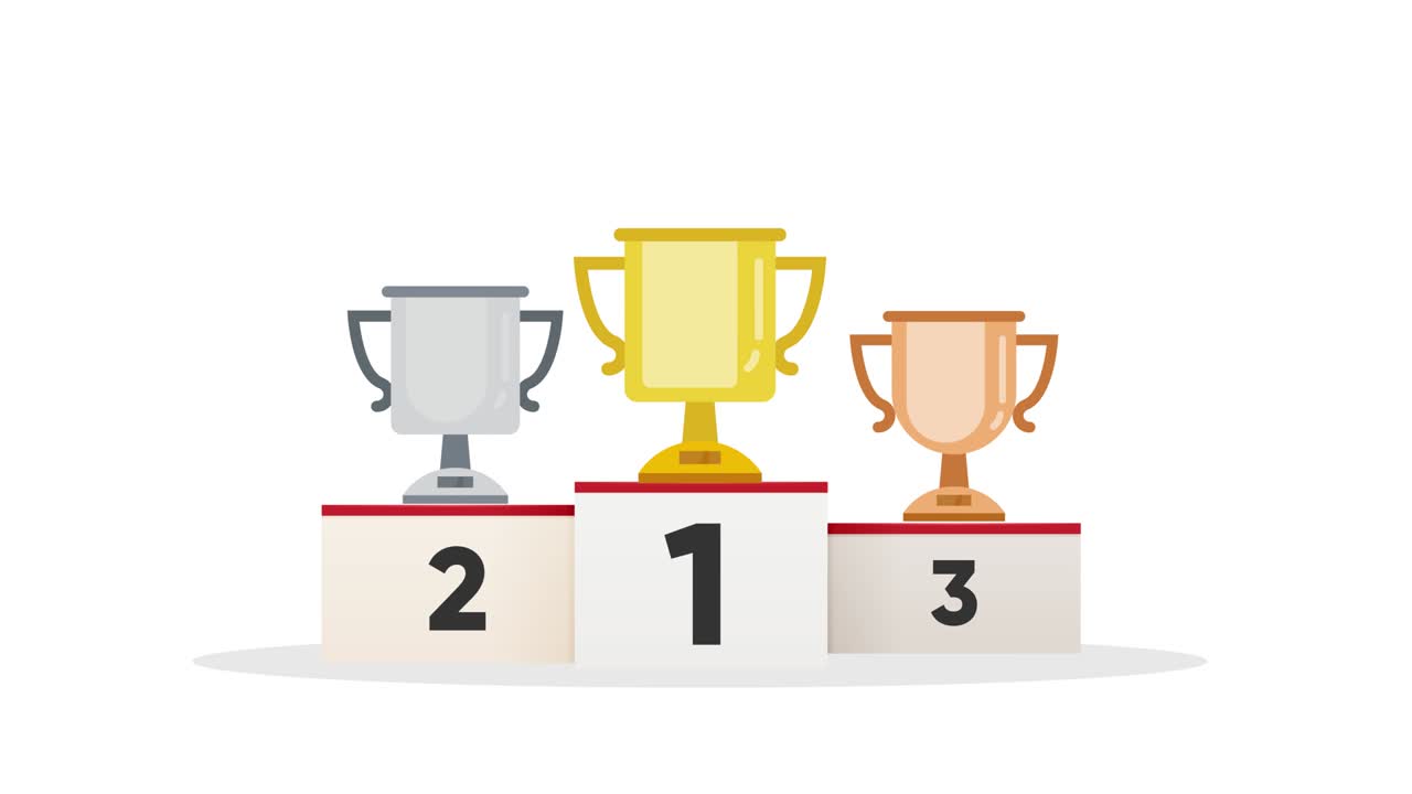 copas de trofeo metálicas de oro, plata y bronce en un podio. 4k aisladas en blanco