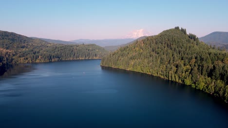 mineral lake resort in mineral washington aerial 4k drone shot over water with mt rainer in background