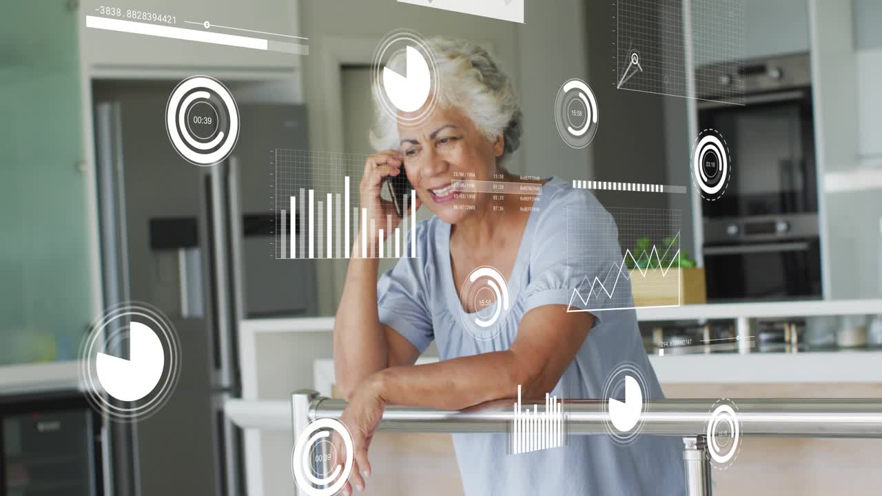 Senior woman railing on phone starting call causing finance charts floating shifting around smiling