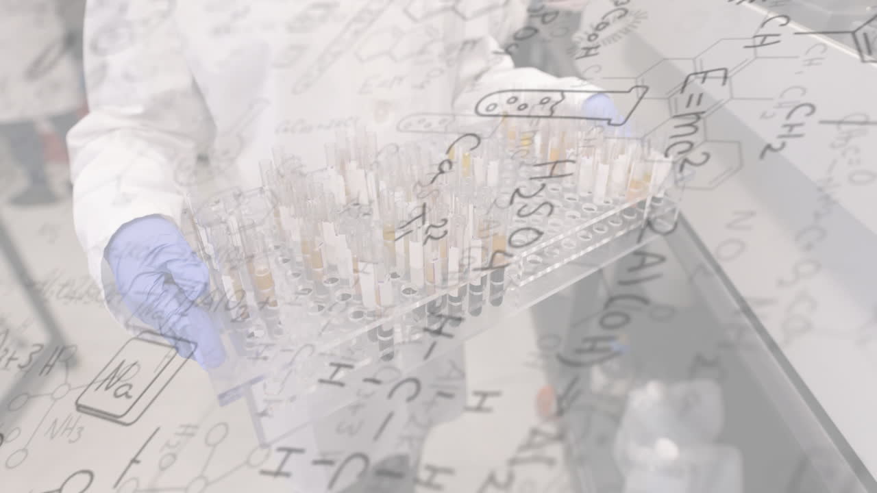 실험실에서 실험 튜브를 다루는 과학자의 화학 공식 애니메이션