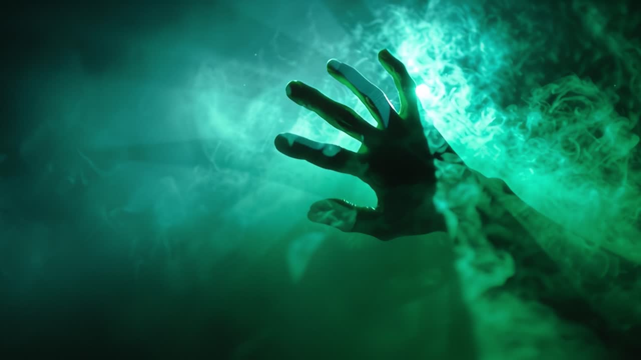 Ethereal Green Hand Emerging from Enigmatic Fog in an Enveloping Atmosphere of Mystery and Darkness