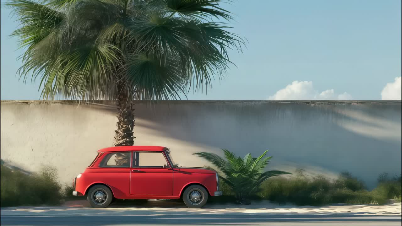 Small red vintage car parked beside a wall, nestled under swaying palm trees, capturing the carefree spirit of a sunny summer day filled with adventure and relaxation