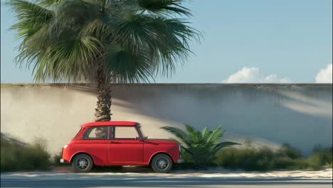small red vintage car parked beside a wall, nestled under swaying palm trees, capturing the carefree spirit of a sunny summer day filled with adventure and relaxation