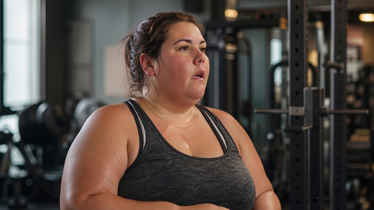 Donna taglia forte che beve acqua da una bottiglia di plastica dopo un allenamento in palestra.