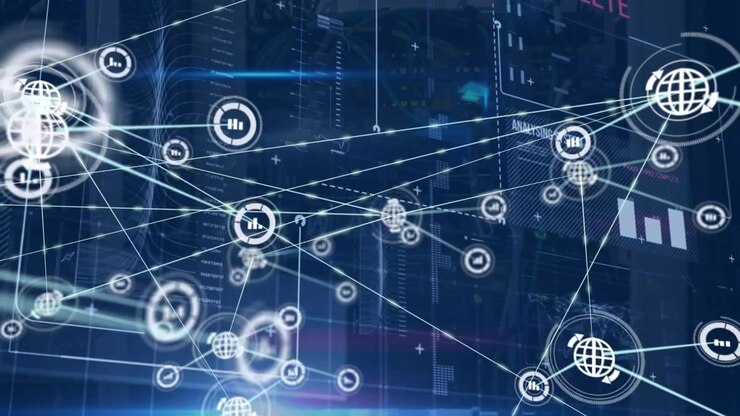 Animation of network of connections with digital icons statistics and data processing
