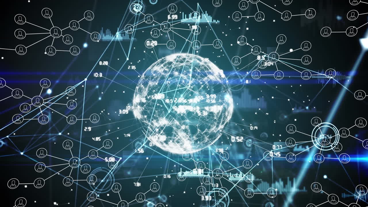 Animation of network of profile icons over spinning globe and network of connections