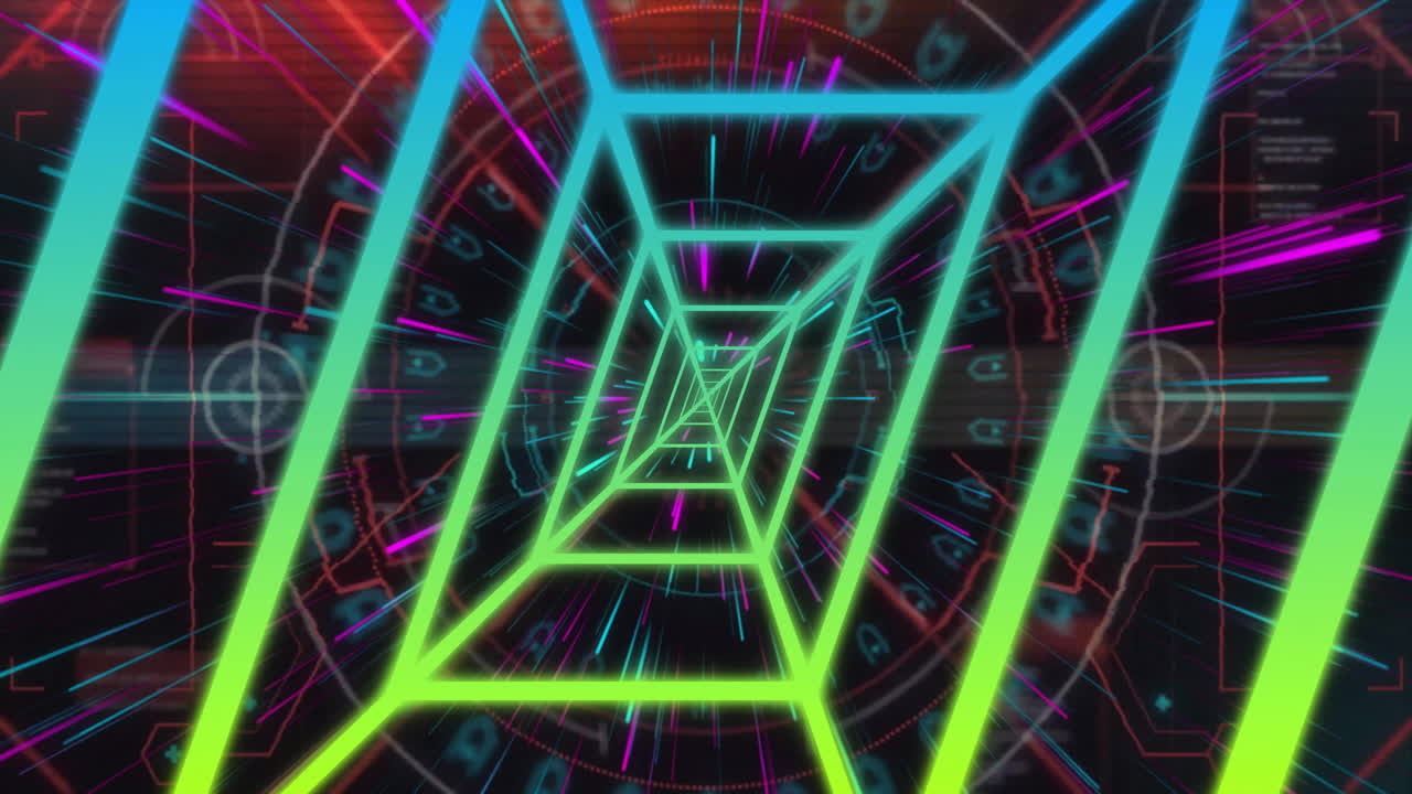 In animation, vibrant colors and digital patterns creating depth in neon tunnel