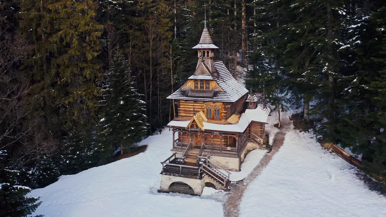 Jaszczur&oacute;wka Chapel Drone Aerial Shot during winter