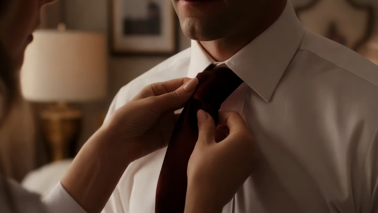 Leaning woman tightening man's red patterned necktie on white shirt in bedroom, preparing for work