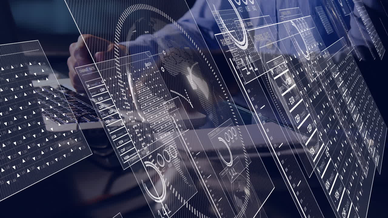 Business user tapping smartphone and typing laptop, viewing animated finance charts currency rates