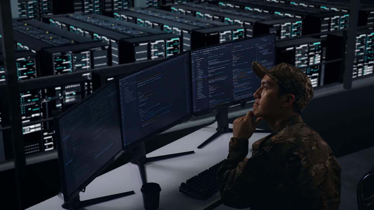 Side View Of Asian Military Thinking About Something Then Raising his Index Finger While Write Code With Multiple Computer Screens In Data Center