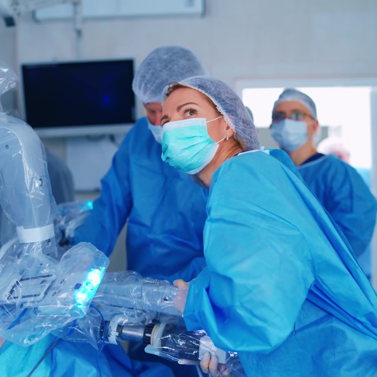 Team surgeon at work in operating room. Modern equipment in operating room. Surgical system da Vinci