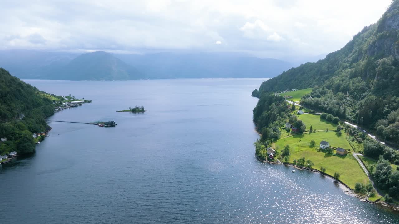 Hardangerfjordvegen, Fylkesvei and Rossholmen in Norway, drone view