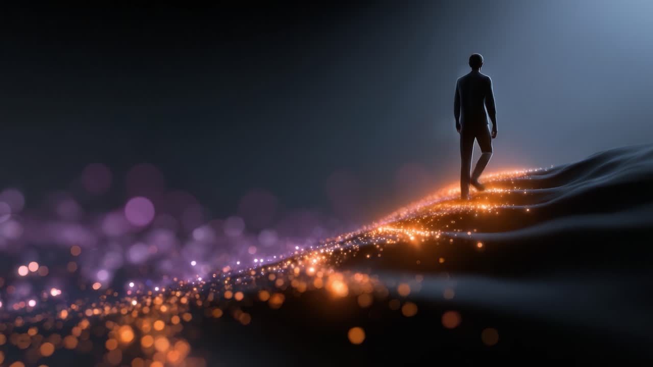 A solitary figure walks along a glowing path of light particles, creating a striking visual contrast against a dark background in a captivating digital landscape