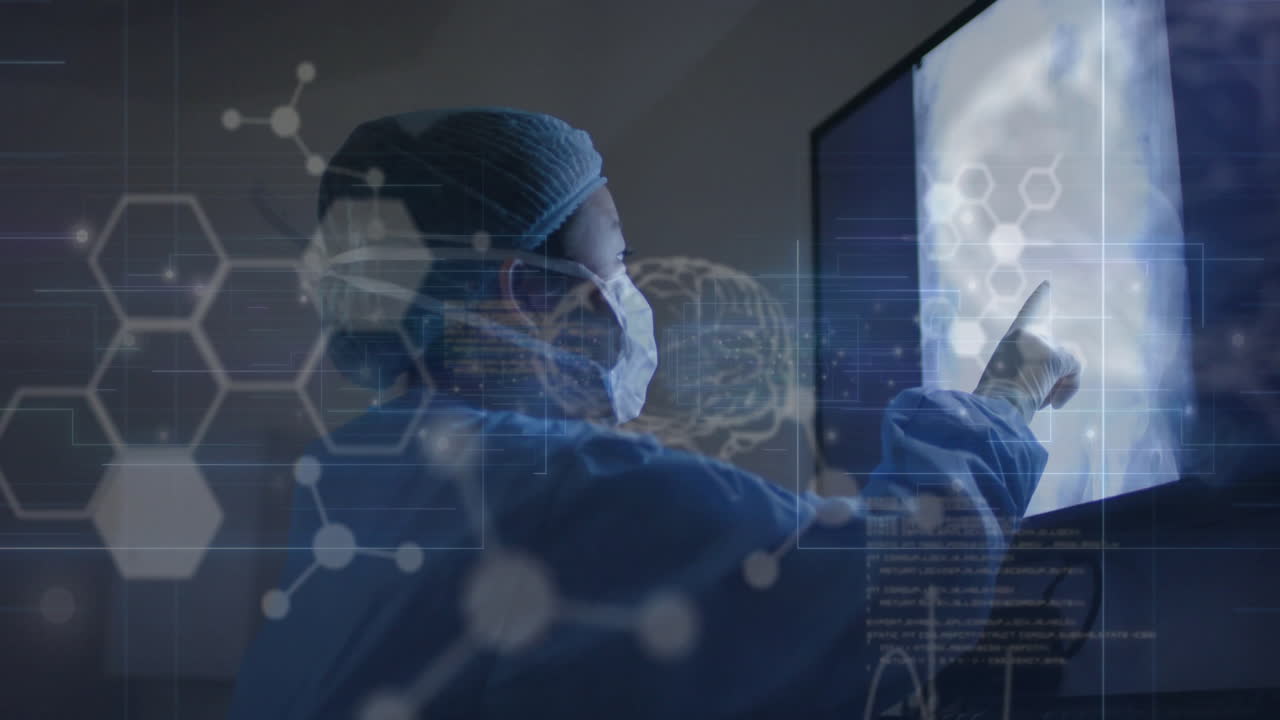Animation of data processing with molecules and brains over african american female surgeon
