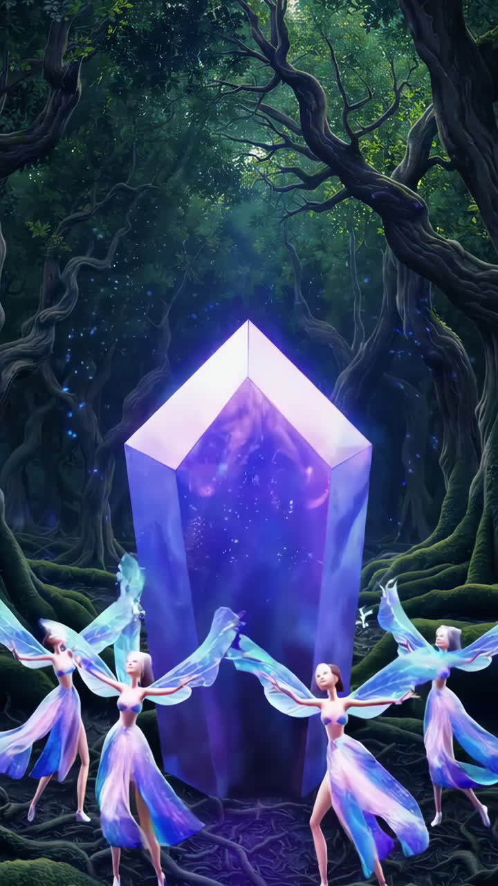 Mystical Crystal and Fairies in a Dark Forest