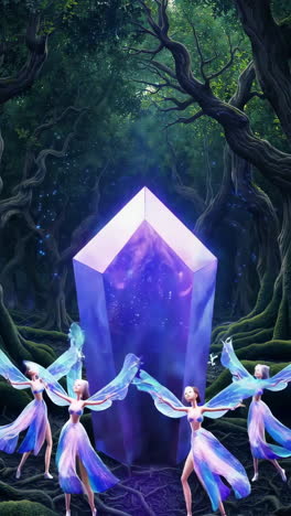 mystical crystal and fairies in a dark forest