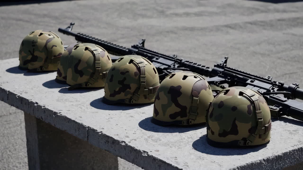 Military Helmets and Rifles on a Table