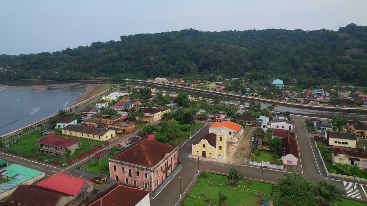 Aerial view towards Santo Antonio church with the junction of parrot river and the ocean at background at Ilha do Principe (Prince Island) São Tomé e Principe,Africa