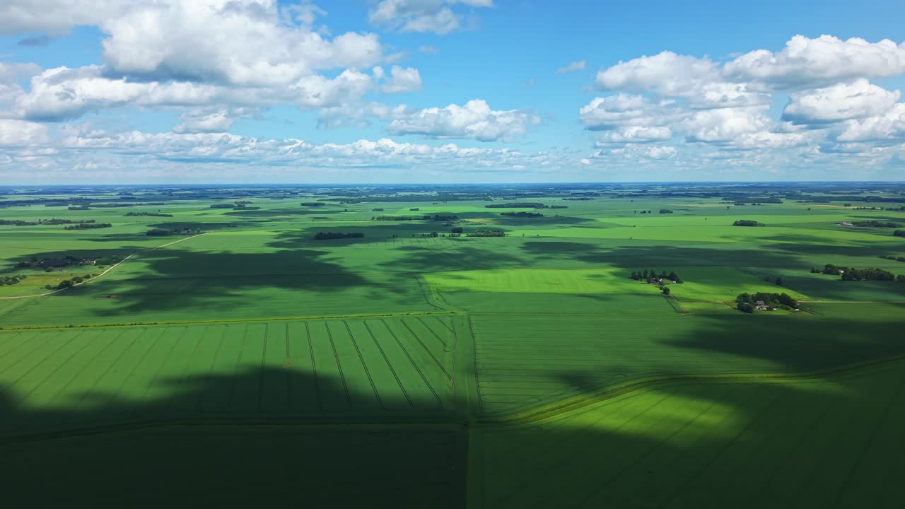 Aerial drone iew of vast green fields of growing grain with dramatic cloud shadows cast across the landscape