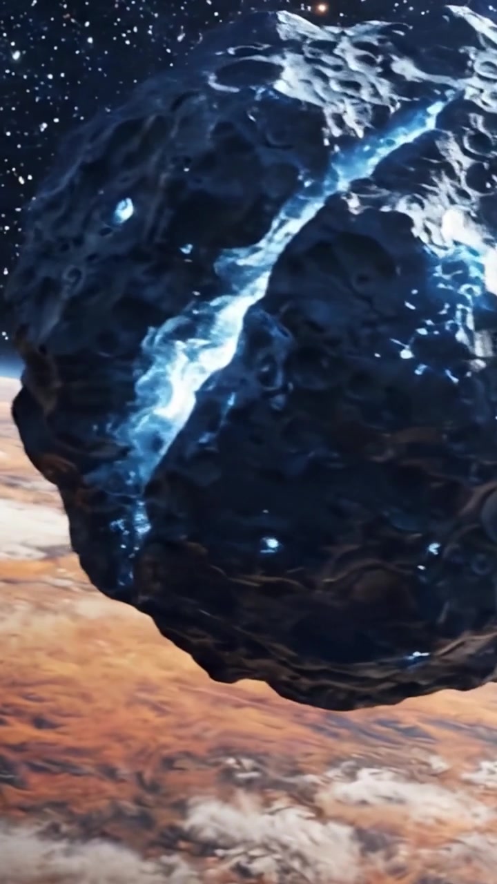 Una vista mozzafiato della superficie del pianeta incorniciata da un cosmo stellato e un asteroide in avvicinamento, che evidenzia la bellezza del nostro sistema solare.