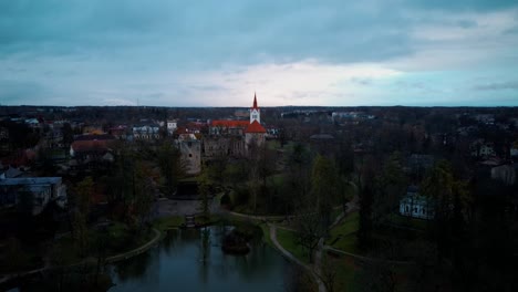 Panoramic-Cesis-City,-Latvia-Aerial-View-With-Medieval-St
