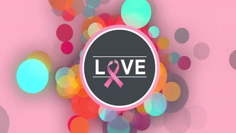 animation of love text over colourful spots on pink background