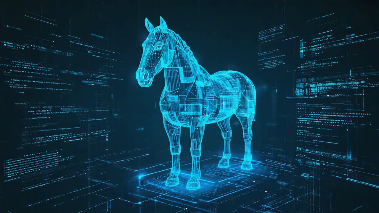Digital Holographic Wireframe Horse in Cyber Grid