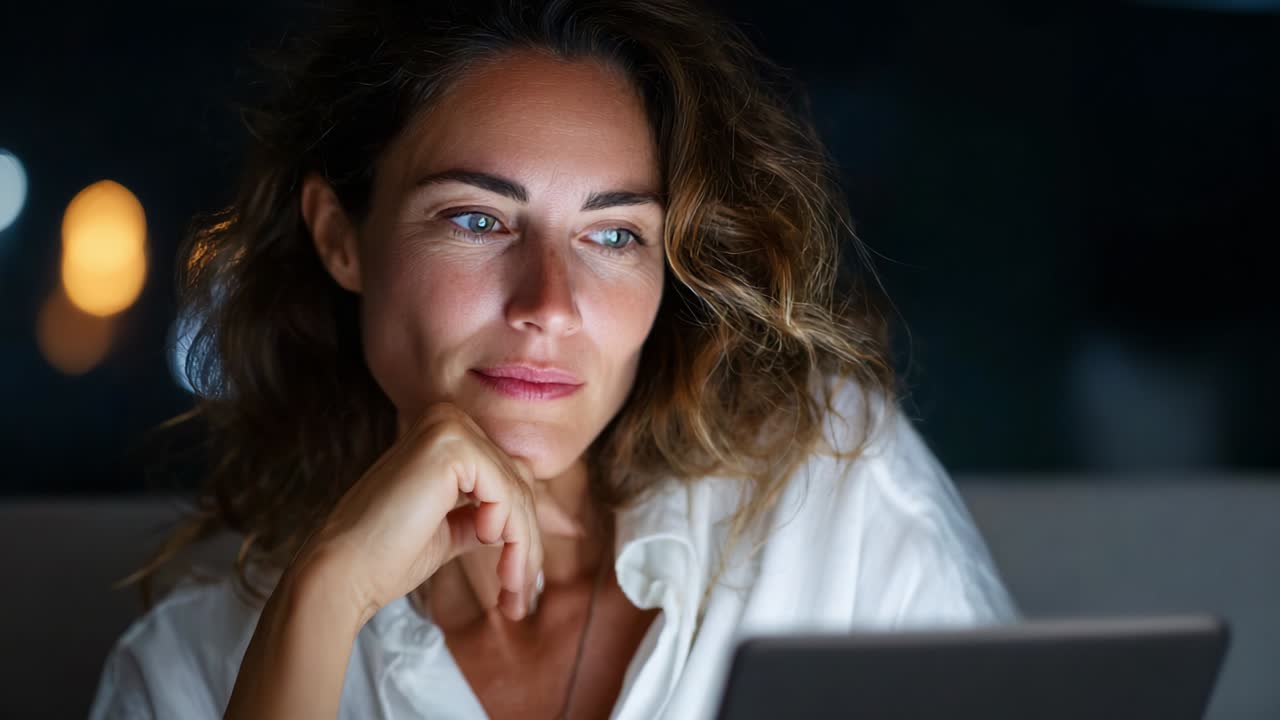 Una donna pensierosa che fissa uno schermo digitale, illuminato delicatamente in un ambiente scarsamente illuminato, che mostra momenti di contemplazione e interazione con la tecnologia, riflettendo il suo atteggiamento perspicace
