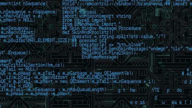 Digitale broncode die scrollt over een abstracte printplaatachtergrond