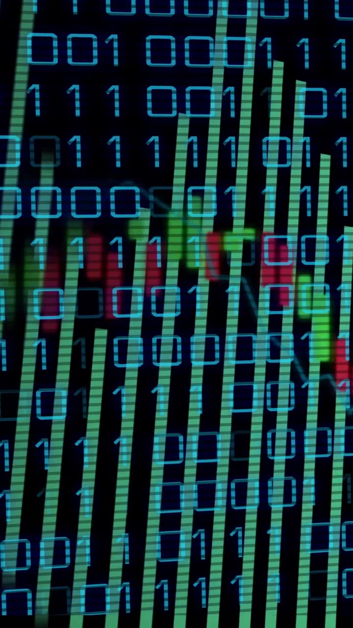 Vertical video: Data viz receiving feed, cyan bits shifting, green bars fluctuating, marking trends