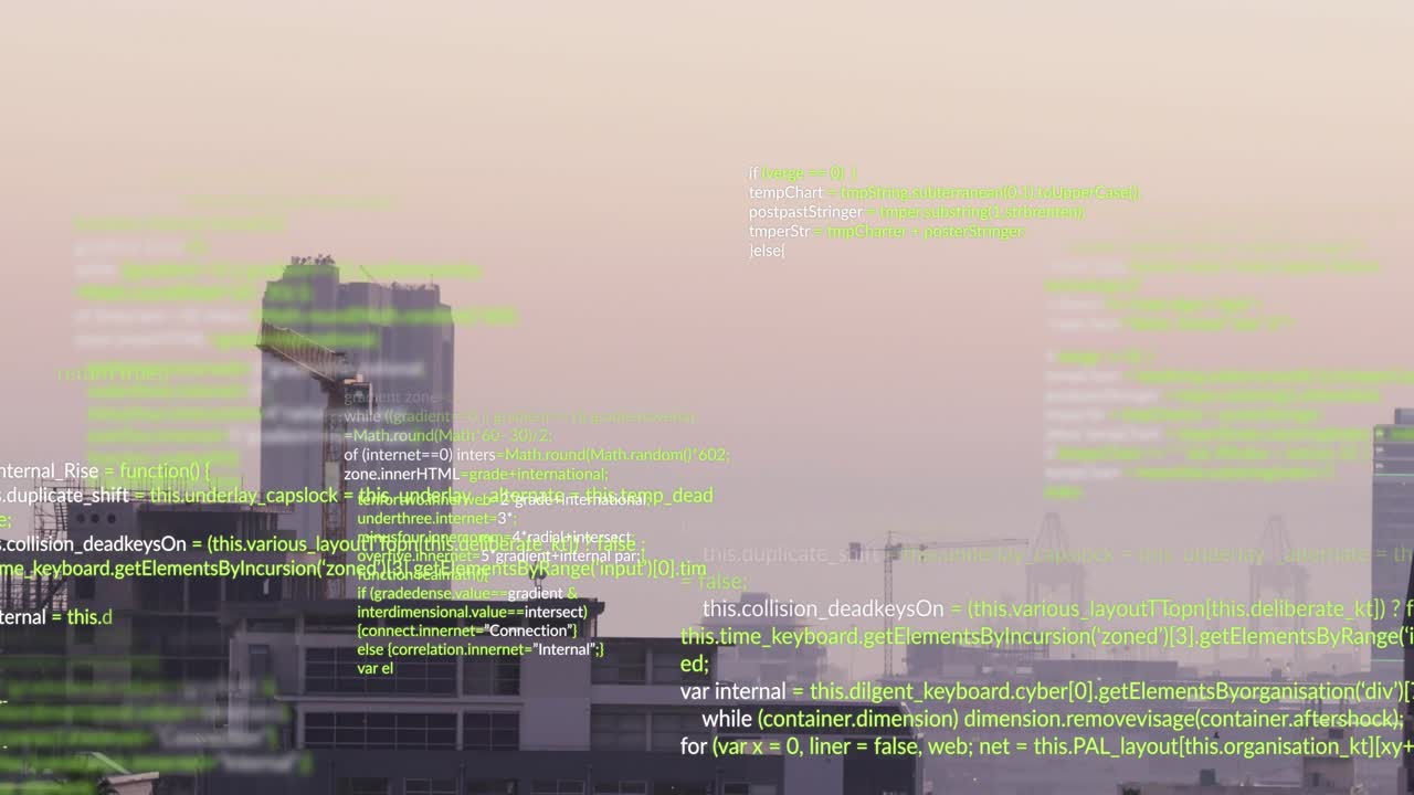 Frame two starting green code scrolling over central high-rise with crane, visualizing network flow