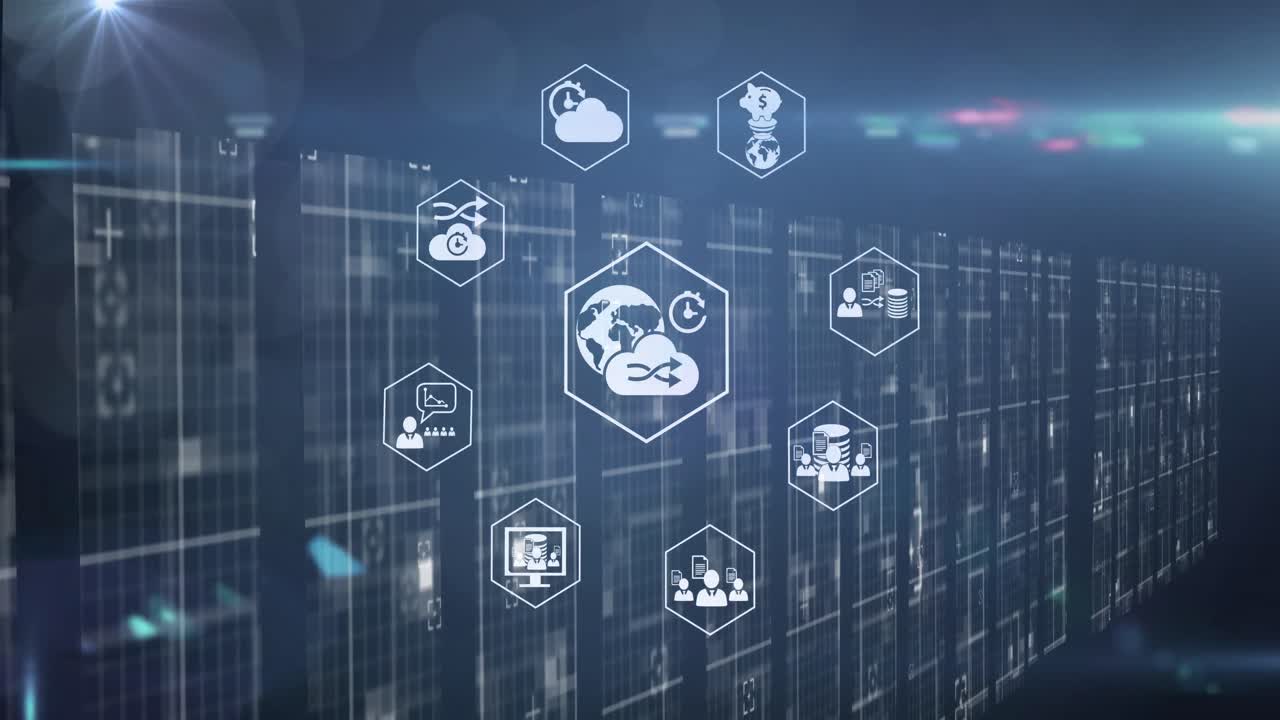 múltiples iconos digitales sobre rastros de luz y puntos de luz contra un fondo azul