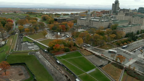 Flyover-Fontaine-de-Tourny-Next-To-Parliament-Building-In-The-Old-Town-Of-Quebec-City,-Canada