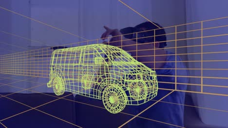 Animation-Einer-Technischen-3D-Zeichnung-Eines-Lieferwagens-über-Einem-Mann-Zu-Hause,-Der-Ein-VR-Headset-Trägt