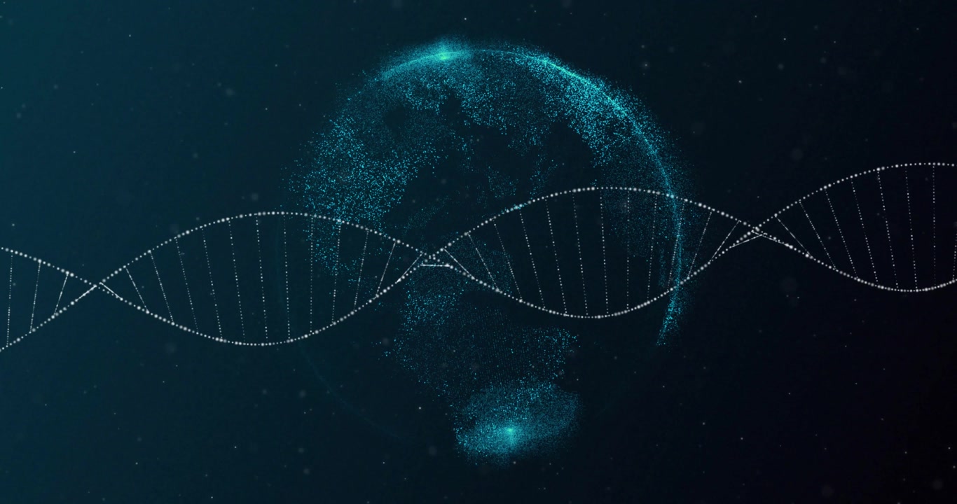 Scattered particles forming digital globe then revealing DNA helix moving showing genetic mapping