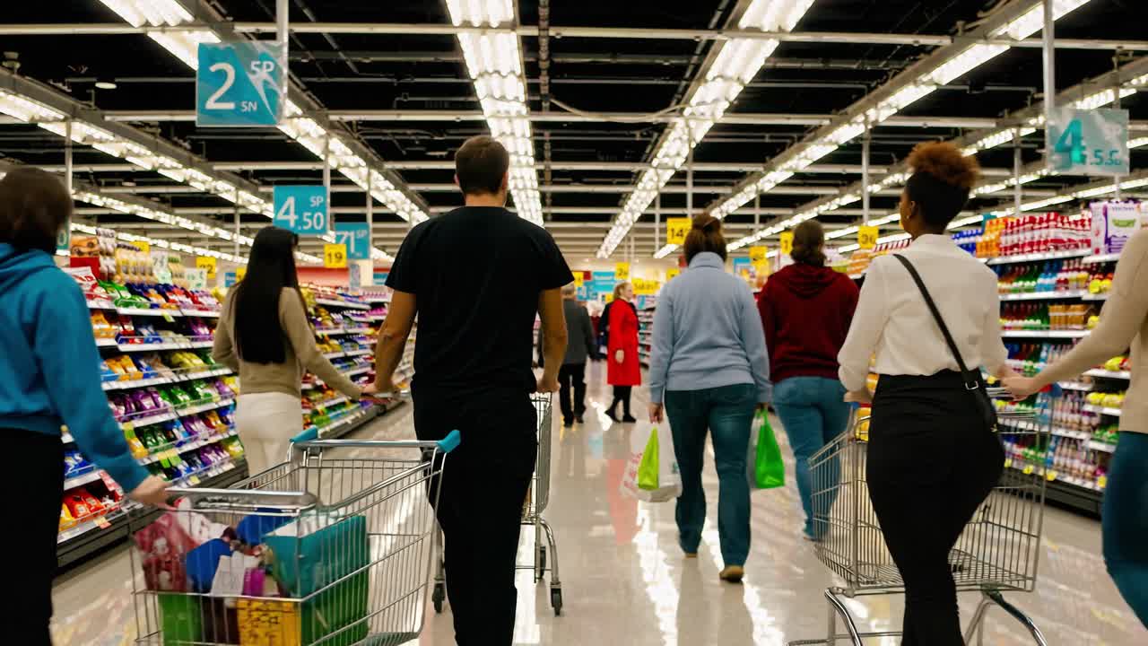 In a lively supermarket, families and friends navigate colorful aisles filled with various products. Shoppers push carts while examining items on the shelves. The atmosphere buzzes with conversations, laughter, and the sounds of carts rolling on polished floors. Bright lights illuminate displays of 