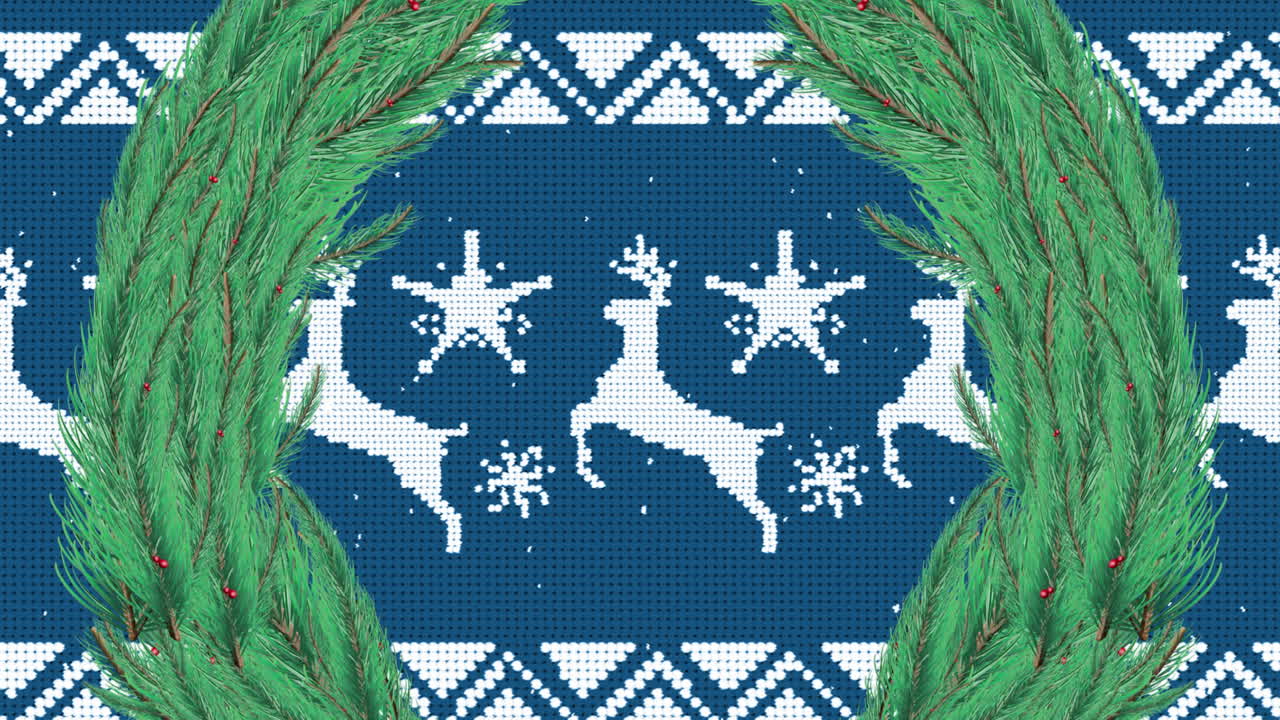 анимация снега, падающего над рождественским венком на синем фоне