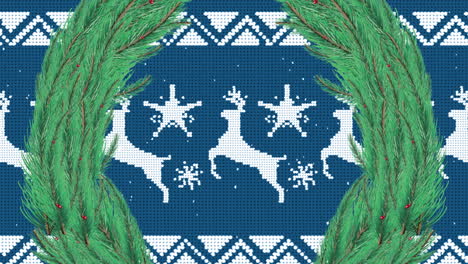 animación de la nieve cayendo sobre la decoración de la corona de navidad sobre fondo azul
