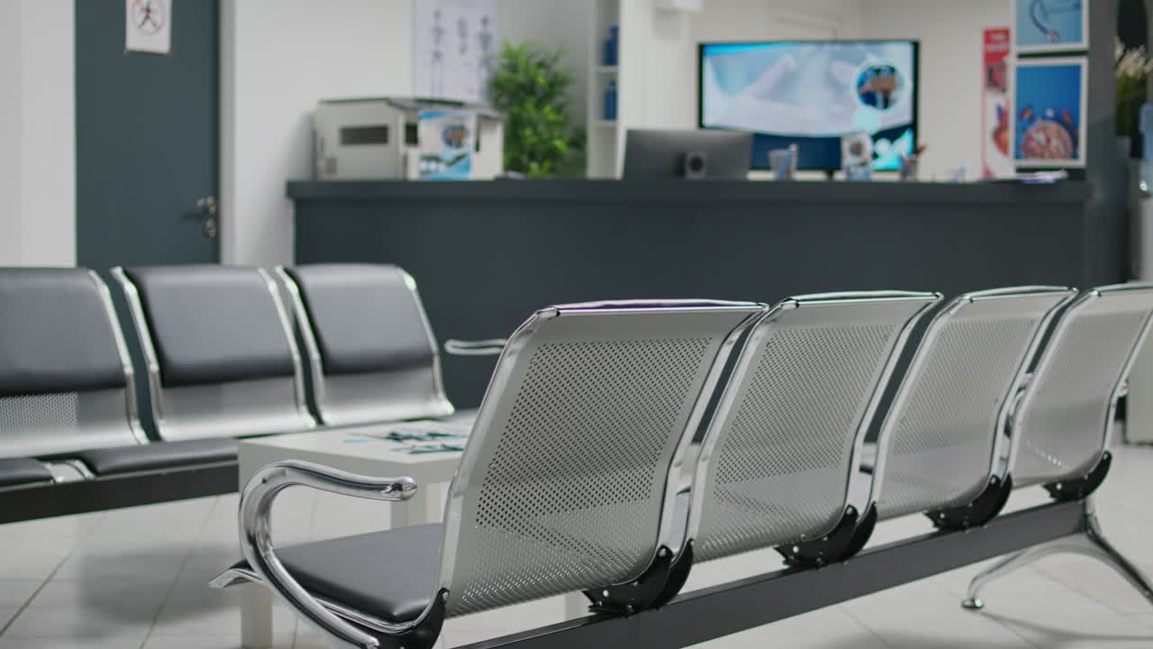 Empty hospital reception desk in waiting area lobby