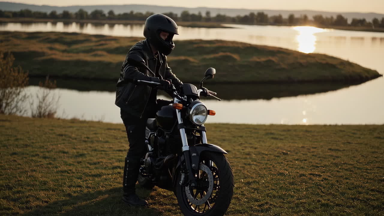 Biker and Motorcycle at Sunset by a Lake