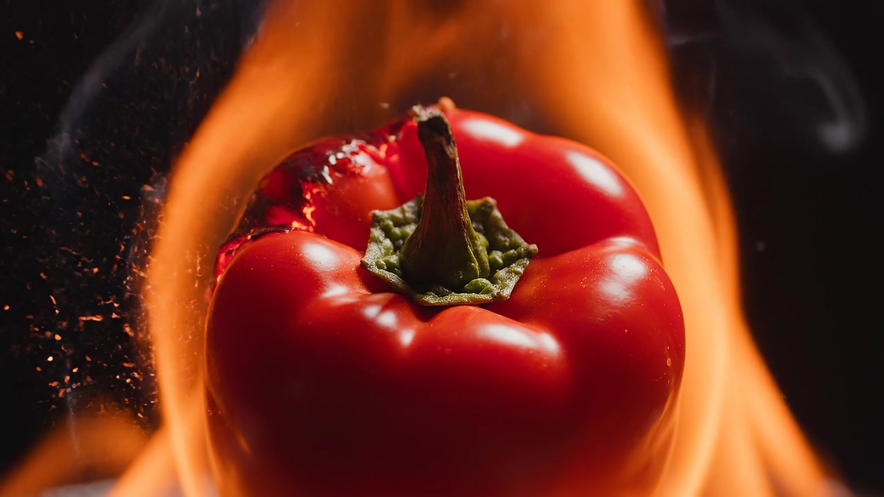 Pimentão vermelho vibrante com chamas laranja dramáticas atrás