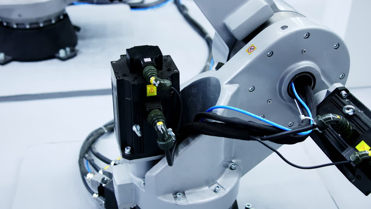 Close-up of a modern industrial robotic arm with wires