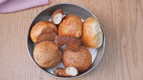 close up of a plate of bread rolls