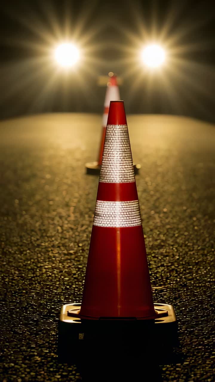 Vertical video: Camera shifting focus showing cone with bands marking lane at night lights flaring