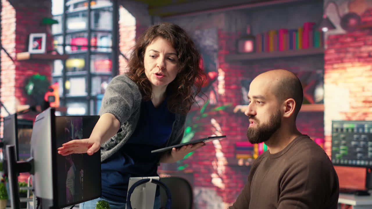 Professional editor uses AI powered software and PC reels in a creative office