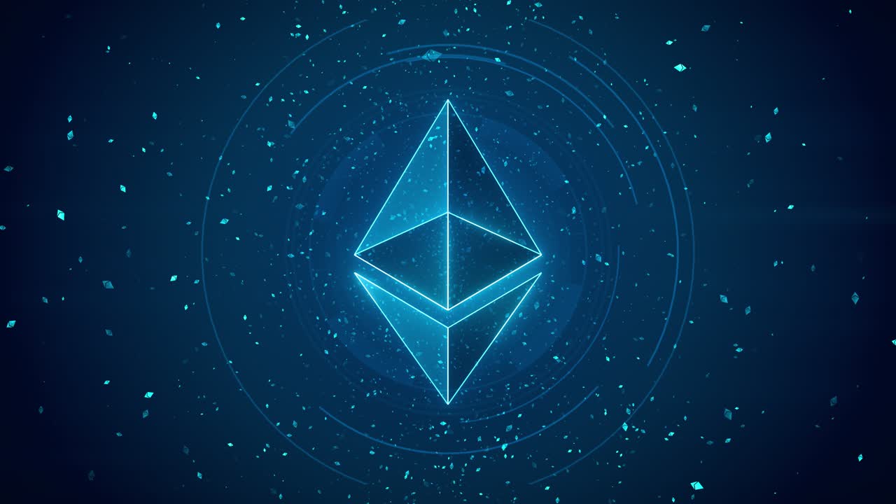 4k 3d crypto currency ethereum of luminous particles background 3d ethereum token ether eth standing