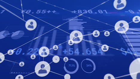 animation of financial data processing over network of connections with icons